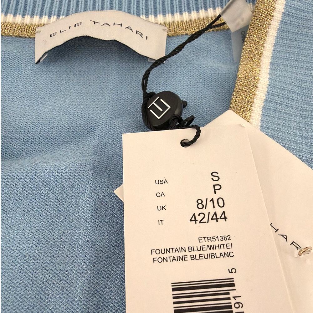 Elie Tahari Fountian Blue Gold Stripe The Kiva Shimmer-Trim Knit Cardigan Size S - Picture 4 of 11